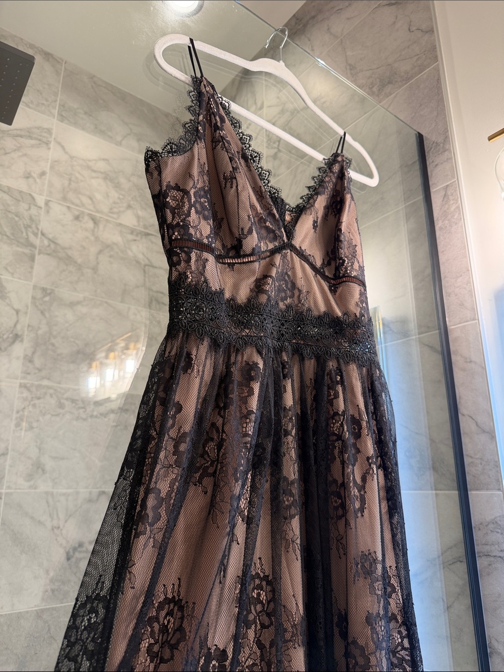 Chelsea28 Black Lace Overlay Slip with Nude Lining